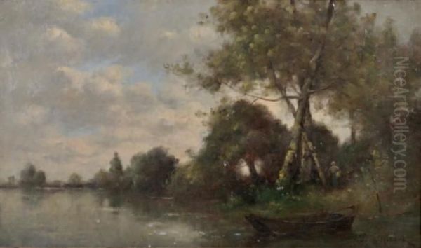 Paysage Anime Au Bord De La Riviere Oil Painting by Paul Trouillebert