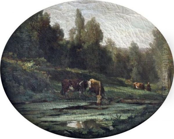 Vaches S'abreuvant Oil Painting by Constant Troyon