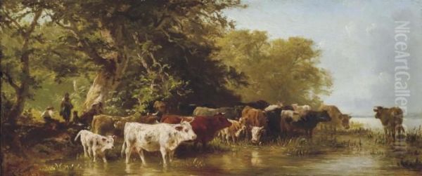 Troupeau De Vaches S'abreuvant Oil Painting by Constant Troyon