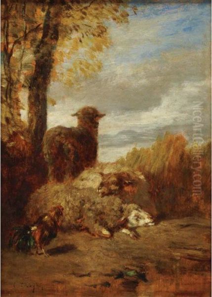 Three Sheep And A Rooster Oil Painting by Constant Troyon