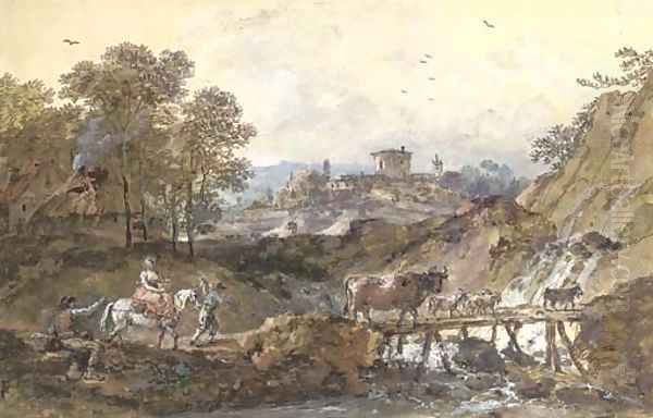 An Italianate river landscape with travellers and livestock crossing a bridge by Francesco Zuccarelli