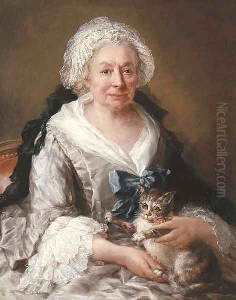 Portrait of an old lady, seated half-length, in a lilac satin dress with embroidered cuffs and head-dress and a blue ribbon, a cat on her lap Oil Painting by Francesco Zuccarelli