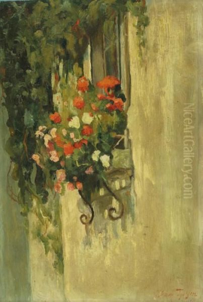 Flowers In A Windowbox Oil Painting by Iwan Trusz