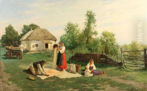 Summer In The Village Oil Painting by Konstantin Aleksandrovich Trutovskii