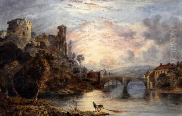 Castle Ruins By A River And Bridge Oil Painting by Edward Tucker