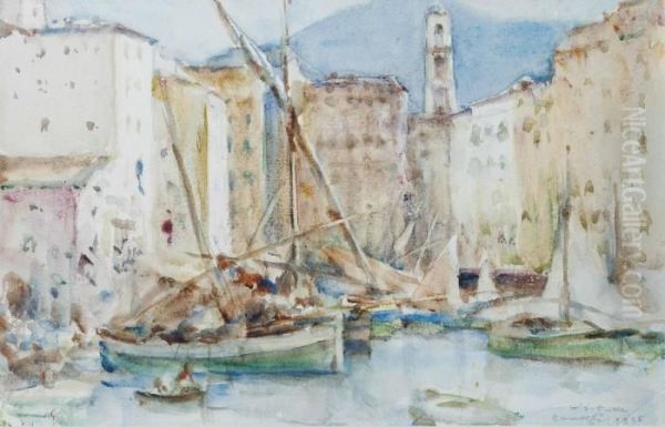 Boats Moored In The Harbour, Camogli, Italy Oil Painting by Henry Scott Tuke