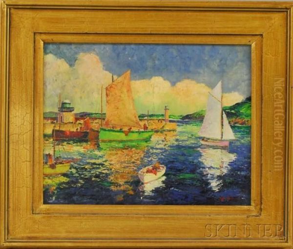 Moored Sailboats And Pier With Two Lighthouses Oil Painting by George Turland