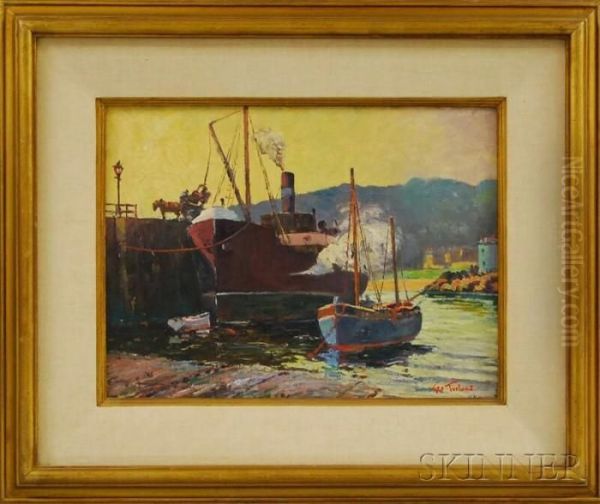 Freighter In Port Oil Painting by George Turland