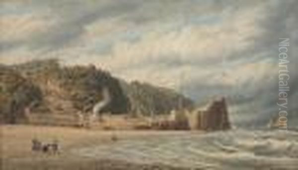 Figures On The Beach Before The Harbour Wall, Clovelly, Devon Oil Painting by William Turner