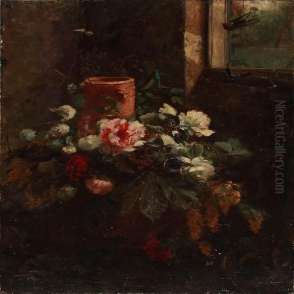 Table With Flowers For Decoration In A Vase Oil Painting by Nicoline Tuxen