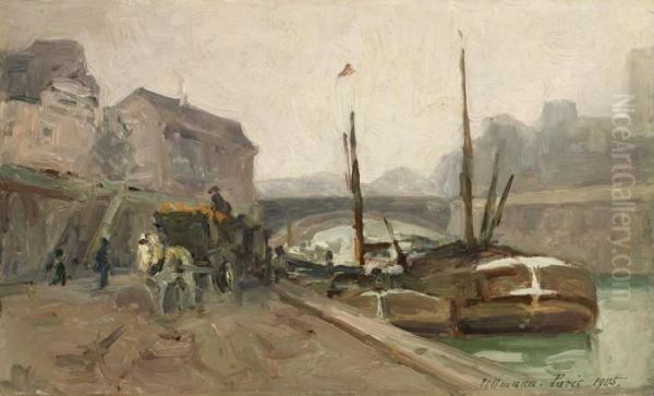 Paris - Kohlenschiffe In Der Seine Oil Painting by Julius Ullmann