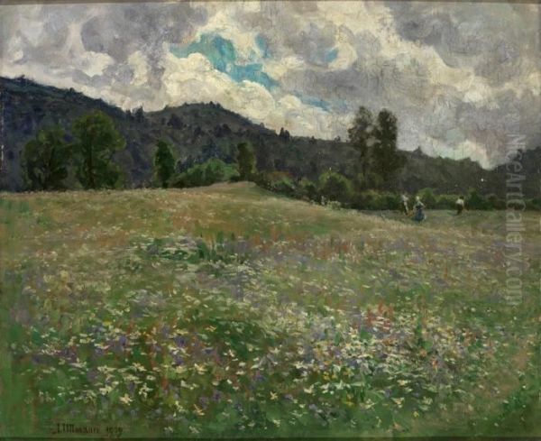 Bluhende Sommerwiese, Im Hintergrund Bauern Bei Der Mahd Oil Painting by Julius Ullmann