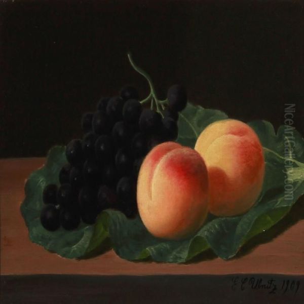 Still Life With Peaches And Grapes On A Cabbage Leaf Oil Painting by Emil C. Unlitz