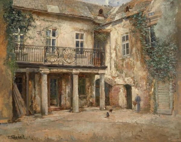 Viennese Courtyard Oil Painting by Paul Unbereit