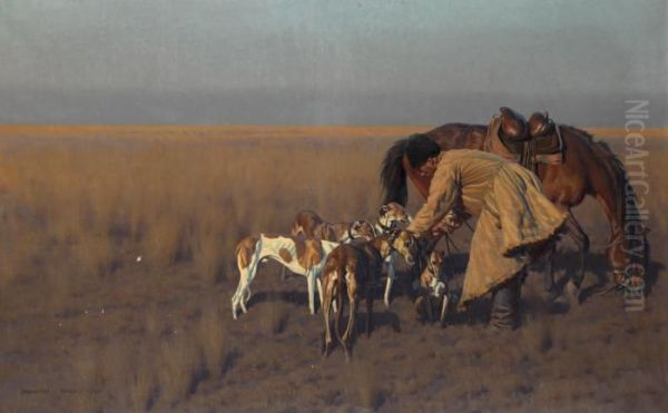 Man With Horse And Dogs Oil Painting by Hugo Ungewitter