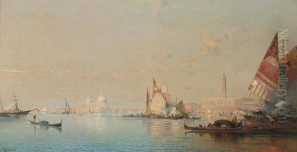 A View Across The Lagoon Towards The Grand Canal Oil Painting by Franz Richard Unterberger