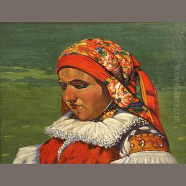 A Young Girl In Folk Costume Oil Painting by Joza Uprka