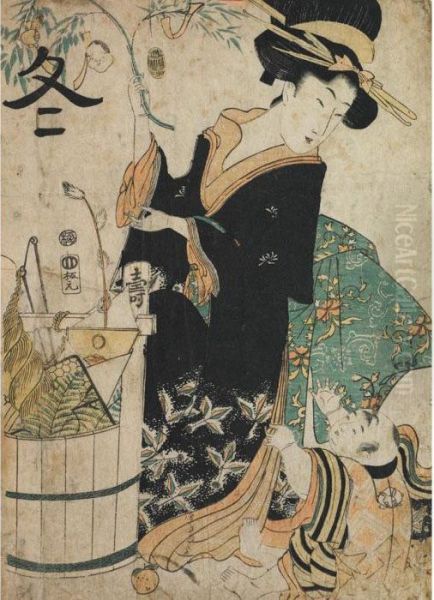 Mother And Baby Oil Painting by Kitagawa Utamaro