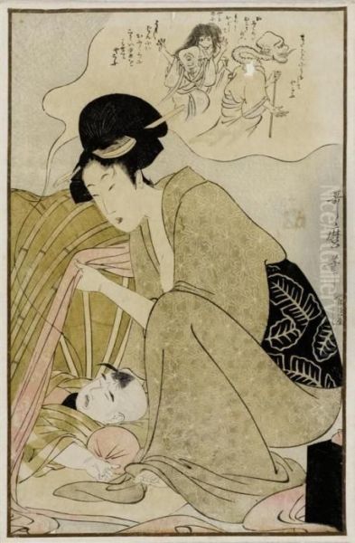 Schlafendes Kind Mit Albtraumen Und Besorgter Mutter Oil Painting by Kitagawa Utamaro