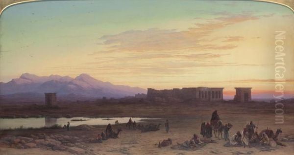 Bedouin Encampment Before The Temple Of Hathor At Dendera, Egypt Oil Painting by Charles Vacher