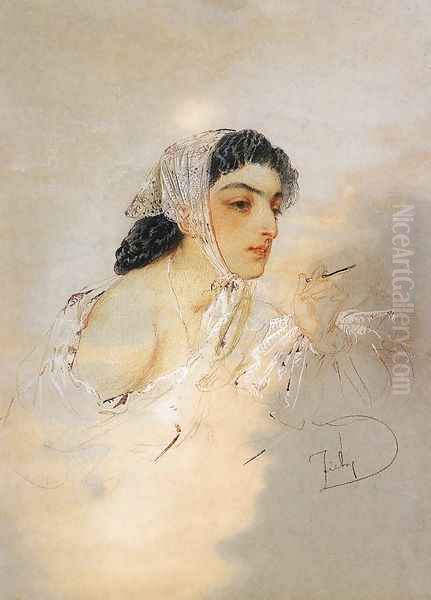 Young Lady Oil Painting by Mihaly von Zichy