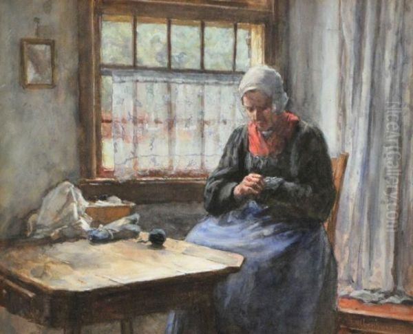 Mending Oil Painting by Hendrik Valkenburg