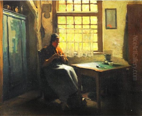 Peasant Mother Knitting In A Kitchen by Hendrik Valkenburg