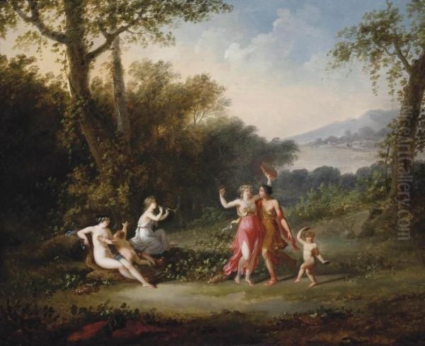 A Wooded Landscape With Nymphs Music Making And Dancing Oil Painting by Jacques Antoine Vallin