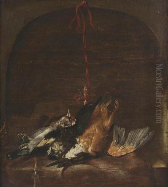 A Goldfinch, A Sparrow And A Kingfisher, On A Draped Ledge In A Stone Niche Oil Painting by Willem Van Aelst