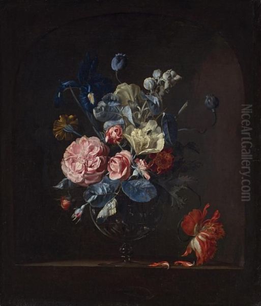 Glasvase Mit Rosen, Iris, Tagetes Und Tulpe In Einer Nische Oil Painting by Willem Van Aelst