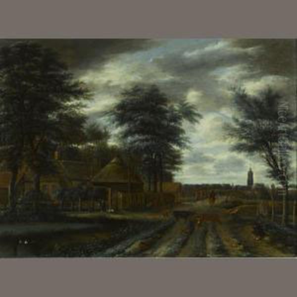 A Country Lane With A Farm And Figures And Cattle In The Foreground Oil Painting by Pieter Jansz. van Asch