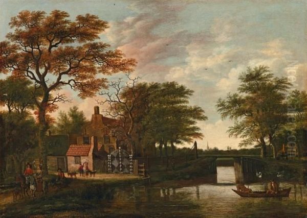 Abendlandschaft Mit Gehoft Und Brucke Oil Painting by Pieter Jansz. van Asch