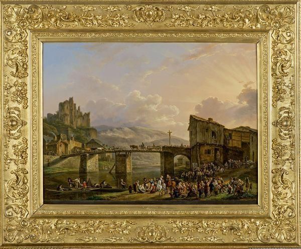 Scene De Marche Pres D'un Pont Oil Painting by Henri Van Assche