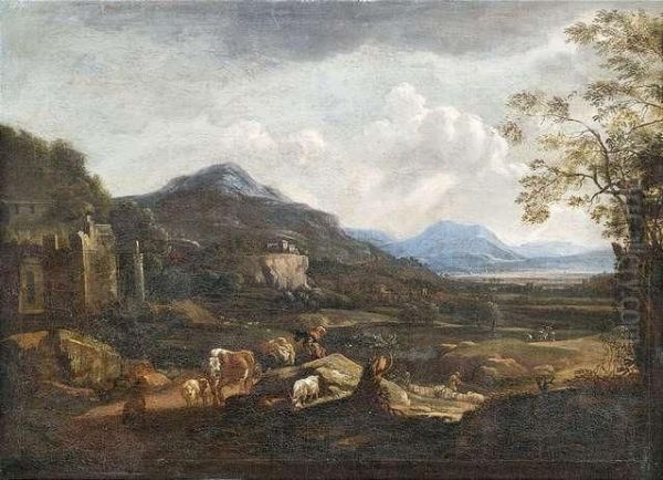 Italienische Ideallandschaft Mit Hirten Und Ruinen Oil Painting by Willem Van Bemmel