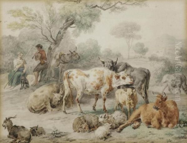 Cattle In A Meadow Oil Painting by Dirk van Bergen