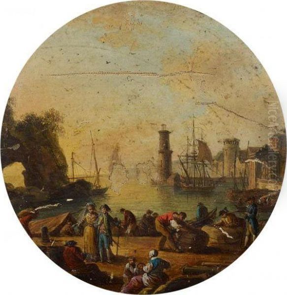 Marine, Idealized View Of A Harbour With Various Figures In The Foreground Oil Painting by Henri Joseph Van Blarenberghe