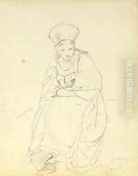 A seated peasant girl looking down Oil Painting by Mihaly von Zichy