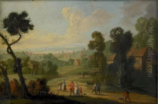 Byvag Med Vandrande Manniskor Oil Painting by Jacques Willem Van Blarenberghe