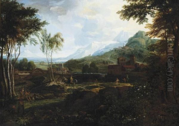 An Italianate Wooded River 
Landscape With Travellers On A Track And Figures At Rest On The Bank, 
Mountains Beyond Oil Painting by Jan Frans Van Bloemen (Orizzonte)