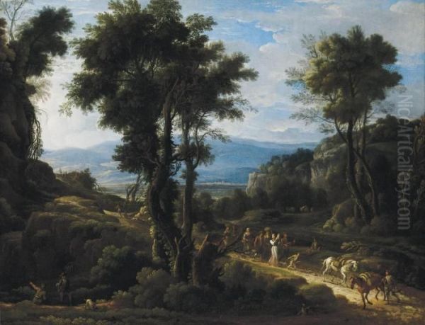 A Wooded Landscape With Travellers On A Track And Peasants Music Making Oil Painting by Jan Frans Van Bloemen (Orizzonte)