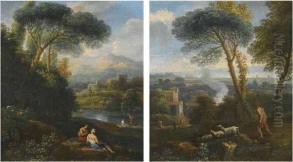 A Roman Landscape With A Shepherd And His Flock Oil Painting by Jan Frans Van Bloemen (Orizzonte)