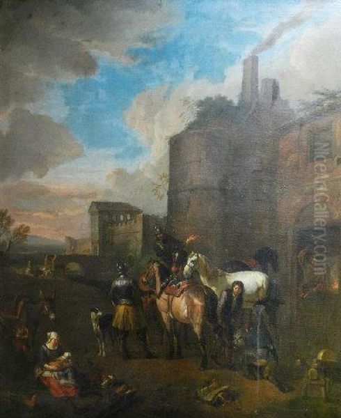 The Forge - Cavalry Men Outside The City Walls Oil Painting by Pieter van Bloemen