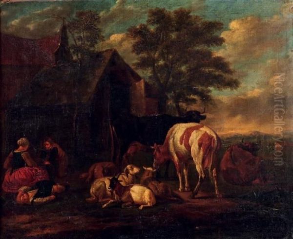 Paysans Et Animaux Oil Painting by Pieter van Bloemen