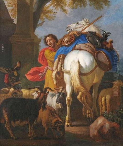 Ein Reisender Mit Seinem Pferd, Ziegen Und Esel Oil Painting by Pieter van Bloemen