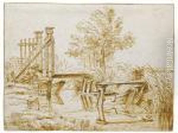 A Bridge Across A Small Canal, With Moored Boats Oil Painting by Anthonie Van Borssom