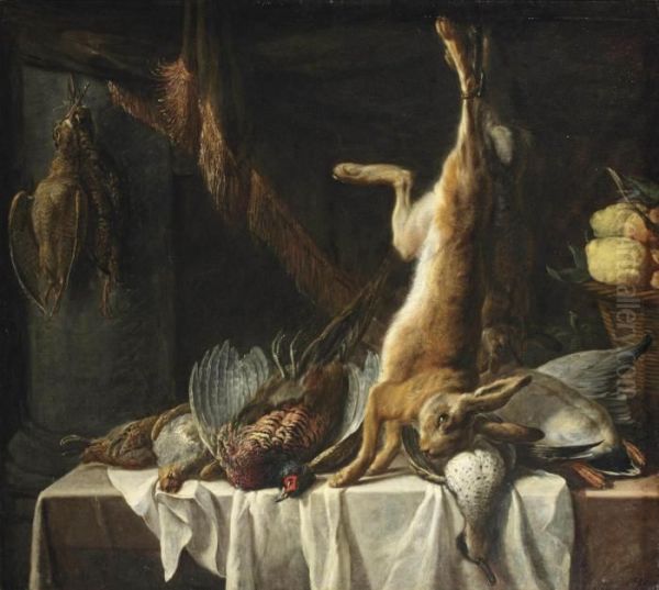 A Hare, Rabbit, Phaesant, Ducks 
And Other Game Together With A Basket Of Fruit, On A Partially Draped 
Table Oil Painting by Pieter Van Boucle