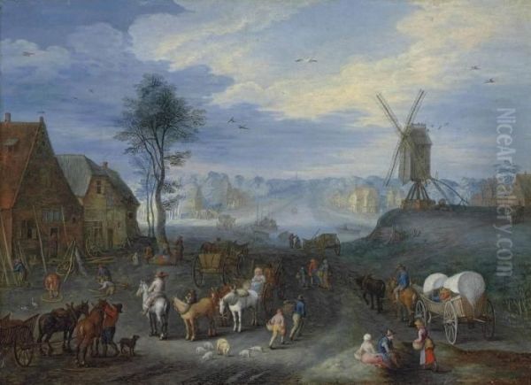 A Village With A Windmill Oil Painting by Joseph van Bredael