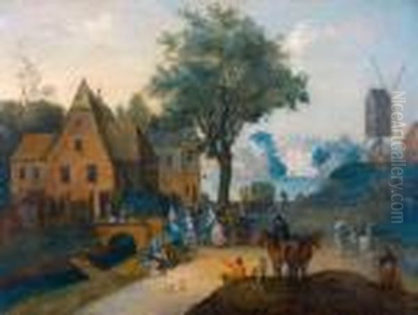 Danses Villageoises Sous Un Arbre A L'entree D'un Village Oil Painting by Joseph van Bredael