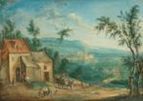 Extensive Landscape With Buildings And Figures Oil Painting by Joseph van Bredael