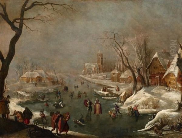 Winterlandschaft Mit Zugefrorenem Kanal Und Schlittschuhlaufern Oil Painting by Adam van Breen